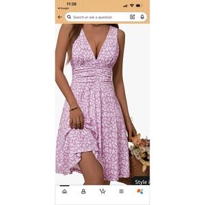 OURIN Women Purple Floral V-Neck Ruched Bust Romantic Sleeveless Dress L